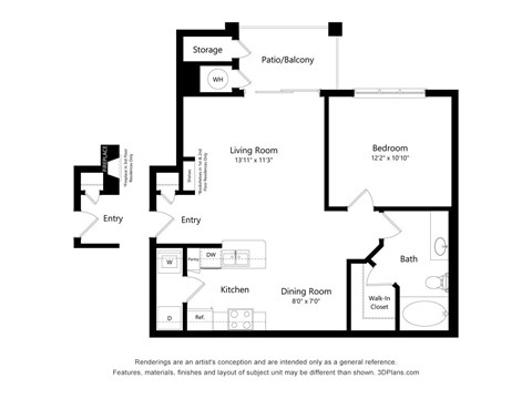 Floor plan for 1 bed, 1 bath, 707 sqft